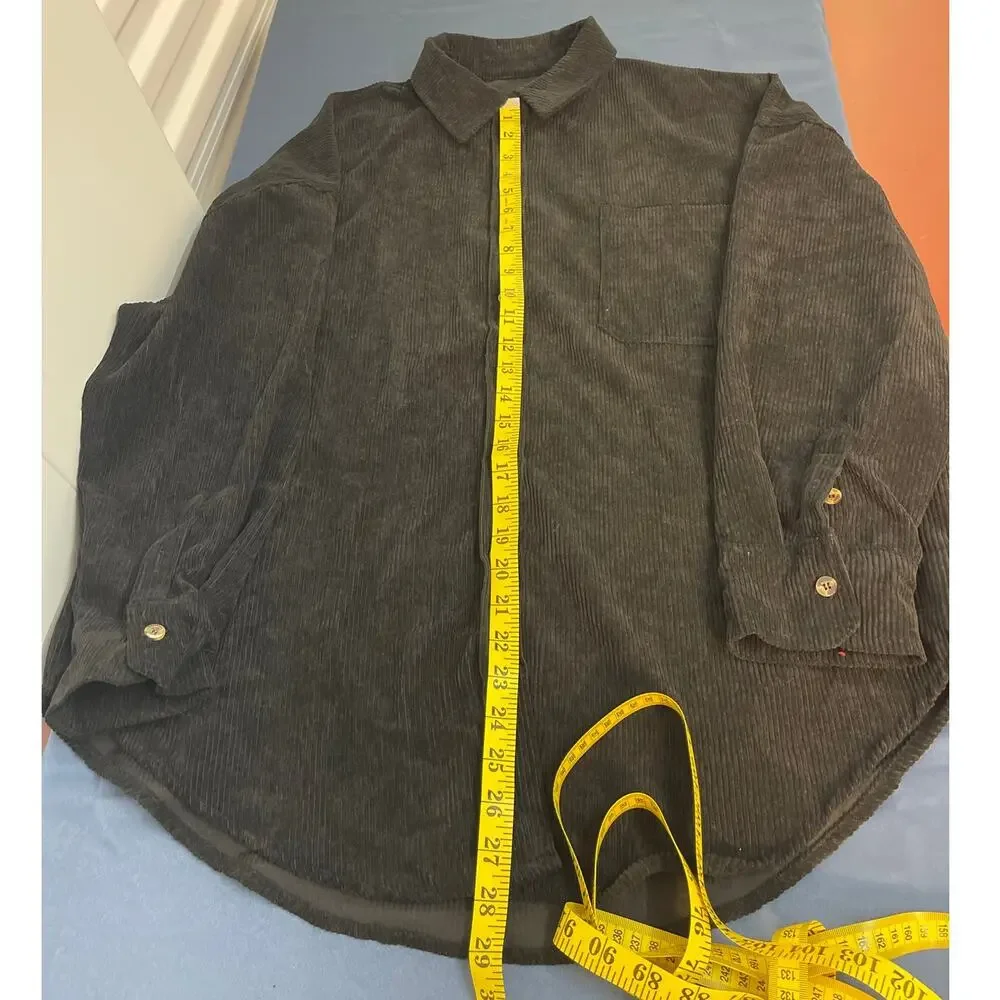Men's Long Sleeve Low Shoulder Corduroy‎ Button Up Black Shirt Size XL